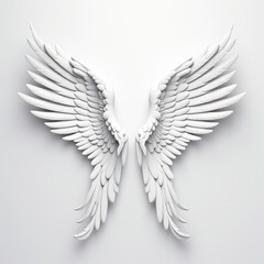 Fototapeta premium A 3D rendering of angelic white wings against a plain white backdrop. This resource can be used for elements such as objects, text, or 3D character cartoon figures. Generative AI.
