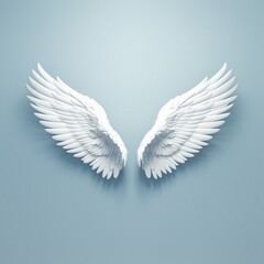 Fototapeta premium A 3D rendering of angelic white wings against a plain white backdrop. This resource can be used for elements such as objects, text, or 3D character cartoon figures. Generative AI.