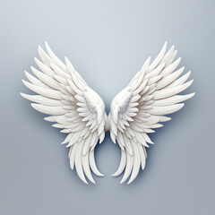Fototapeta premium A 3D rendering of angelic white wings against a plain white backdrop. This resource can be used for elements such as objects, text, or 3D character cartoon figures. Generative AI.