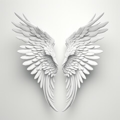 A 3D rendering of angelic white wings against a plain white backdrop. This resource can be used for elements such as objects, text, or 3D character cartoon figures. Generative AI.