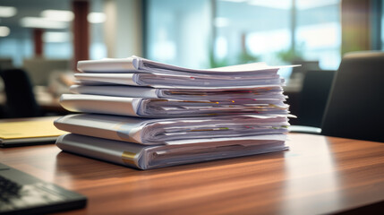 Stack of documents on the office desk.