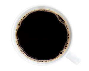 Black coffee in white cup photographed from above, isolated on white background