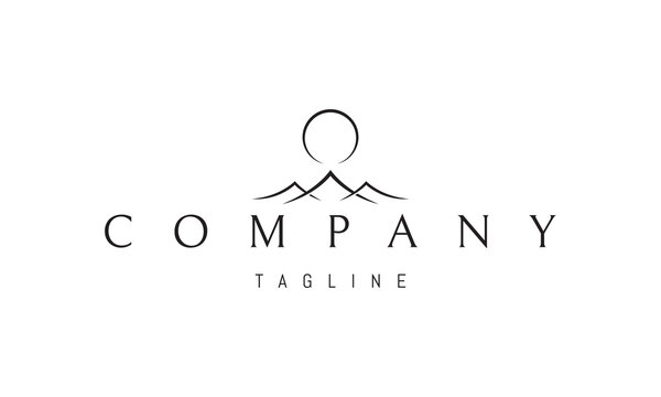 A vector logo with an abstract image of the sun rising over the mountains. - Powered by Adobe