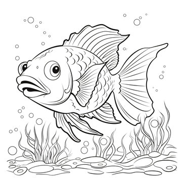 Golden fish. Line art vector illustration. Sea and ocean animals, modern minimalist outline icon. Hand drawn vector design for wallpaper, textile, print, invitations.