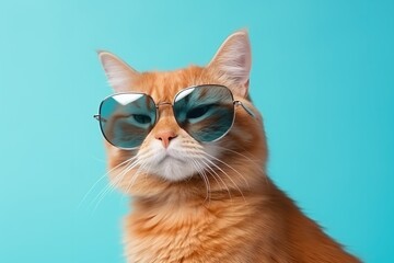 Close-up portrait of a funny red cat in sunglasses