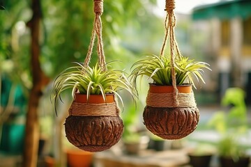 Hanging flower pot made of coconut shell - obrazy, fototapety, plakaty
