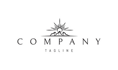 A vector logo with an abstract image of the sun shining from behind the mountains.