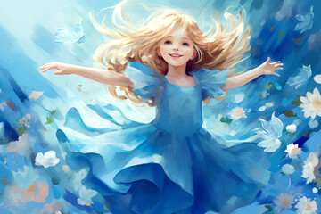 Cute little princess in blue dress with Flowers and butterflies