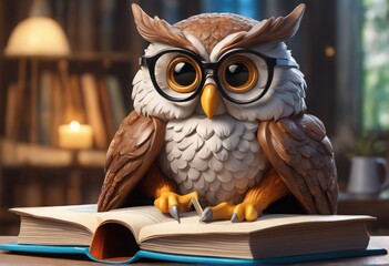 cute owl with books on wooden table cute owl with books on wooden table cute owl reading book on wooden desk. 3d rendering