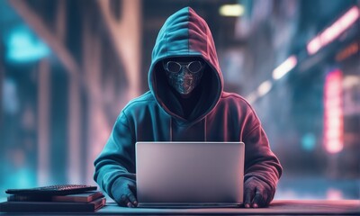 hacker wearing a mask with a laptop and a laptop in the night. cyber crime. cyber security...