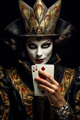 Mystérieux Arlequin joueuse de cartes prédisant l'avenir - obrazy, fototapety, plakaty