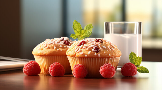 Rasberry muffins with fresh raspberries on a white UHD wallpaper Stock Photographic Image
