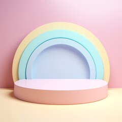 Podium, pedestal. Oval shape. Product stand background. Rainbow neon colors. Template layout.  Pastel colors. Minimalistic clean background. Generative AI