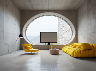 Clean, modern interior. Scandinavian loft style. Dark concrete space. Yellow sofa. Minimalistic design. Tv screen on wall. Round window. Generative AI - obrazy, fototapety, plakaty