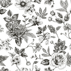 Abstract modern floral seamless pattern with hand drawn flower in Toile de jouy style. Retro elegance repeat print. Vintage design for fabric, wallpaper or wrapping - obrazy, fototapety, plakaty