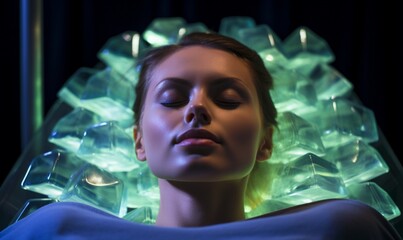 A captivating lady, her eyes peacefully closed, indulging in a chakra-balancing crystal treatment, emanating tranquility