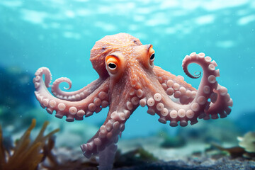 cute, happy octopus swimming - obrazy, fototapety, plakaty