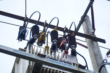 Powerline above ground. Power transmission. Insulation and switches - Components of the...