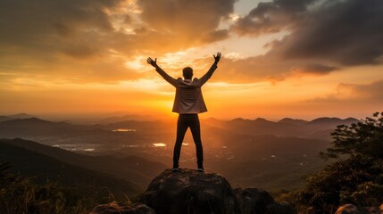 Fototapeta premium Silhouette of business man stand and feel happy on the most hight at stand on sunset, success, leader, teamwork, target, Aim, confident, achievement, goal, on plan, finish, generate by AI