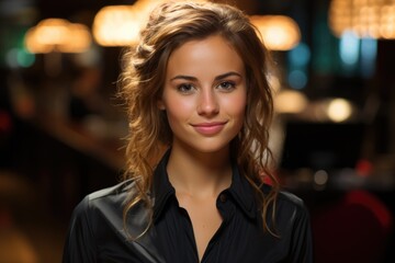 Obraz premium A woman in a black shirt posing for a picture. AI image. Hotel receptionist.