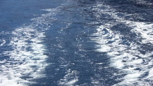 View of churned water behind moving motorboat.
