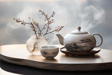 A tea pot and a cup on a tray. AI image.