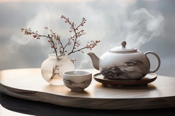 Foto op Plexiglas A tea pot and a cup on a tray. AI image. © tilialucida