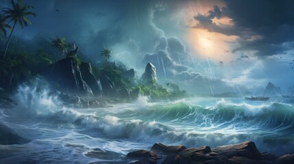 Tropical island during a fierce storm, with crashing waves, torrential rain, and the forces of nature at their most powerful game art - obrazy, fototapety, plakaty