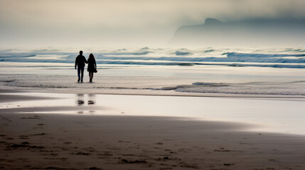 silhouette d'un couple qui marche sur le sable d'une plage desserte sous un ciel d'orage