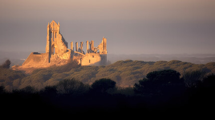Obraz premium ruine d'un monument sur la colline éclairé par la lumière du soir