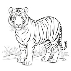 Fototapeta premium Tiger walking font side all body motif tattoo or coloring vector with white background 