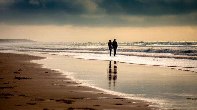 silhouette d'un couple qui marche sur le sable d'une plage desserte sous un ciel d'orage