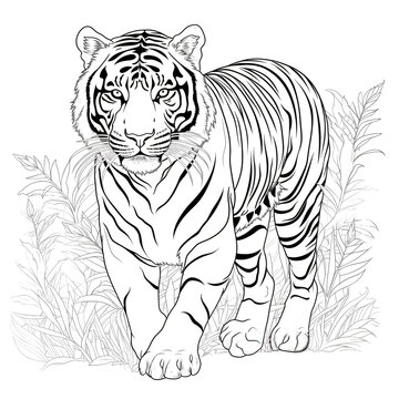 Tiger walking font side all body motif tattoo or coloring vector with white background 