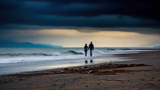 silhouette d'un couple qui marche sur le sable d'une plage desserte sous un ciel d'orage