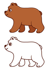 Cute cartoon baby bear drawing. Brown bear walking in profile view. Color drawing and black and while line art for coloring. Vector clip art illustration.