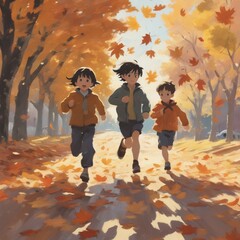 Naklejka premium children running around stepping on fallen leaves,Generative AI