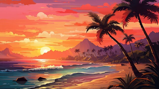 Tropical island at sunset, with golden sands, palm trees, and a vivid, multicolored sky game art