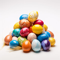 Fototapeta na wymiar Happy Easter.Colorful hand painted decorated Easter eggs. Handmade Easter craft.Spring decoration background. DIY Festive traditional symbols.Holiday Still life photo selective focus