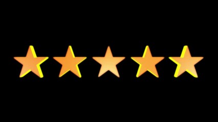 5 gold stars appear on a black screen. 3D animation. Concept of assessments and ratings.