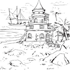 Pirates building sandcastles on a beautiful sandy beach coloring page