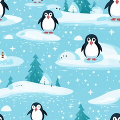 Cheerful Penguins and Icy Landscapes Cartoon Pattern Christmas Pattern