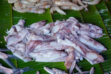 pile of fresh squid on banana leaves, ready to be sold at the traditional market. Squids raw on banana leaf background
