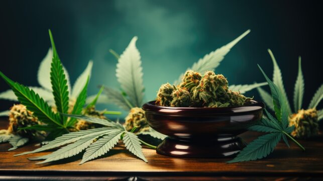 A bowl of marijuana sitting on top of a wooden table. AI image. Legalization of cannabis.