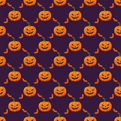 Halloween seamless pattern of pumpkins and bats on a purple background