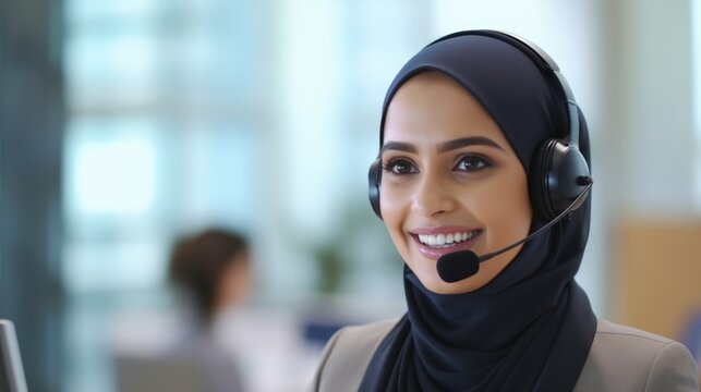 A muslim woman in jijab is wearing a headset. Call center operator working in modern call center.