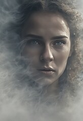 beautiful woman with long curly hair and smoke in the fog beautiful woman with long curly hair and smoke in the fog beautiful brunette woman in white fog. mixed media