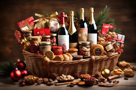 Create an image of a festive holiday hamper filled with an assortment of gourmet treats and delicacies