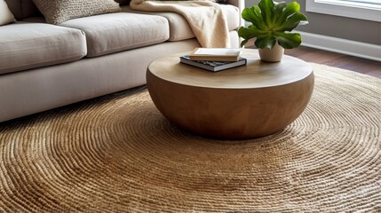 an eco-friendly jute rug, emphasizing its natural fibers and earthy tones that align with sustainable living