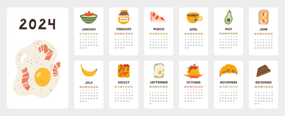 Cute calendar template for 2024 year with creative illustrations of food for breakfast. Calendar grid with weeks starts on Monday for nursery or office. Vertical monthly calender layout for planning - obrazy, fototapety, plakaty