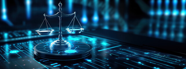 Law scales on background of data center. Digital law concept of duality of Judiciary, Jurisprudence and Justice and data in the modern world. Copy space - obrazy, fototapety, plakaty